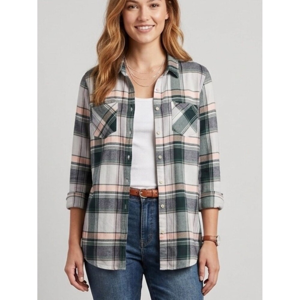 Merona Plaid Button Down Lightweight Shirt Sz M Boho Minimalist Coastal